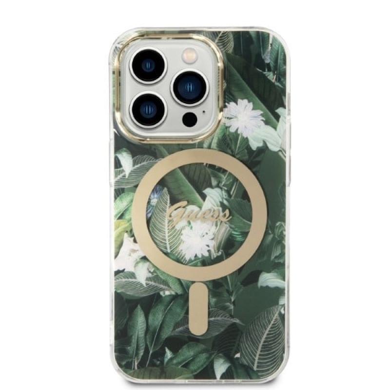 Guess GUBPP14XHJEACSA korpuss + bezvadu lādētājs Apple iPhone 14 Pro Max, Jungle, zaļš cietais korpuss, MagSafe