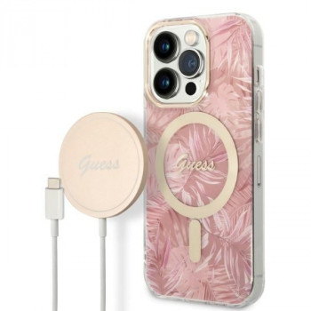 Guess GUBPP14LHJEACSP Maciņš + bezvadu lādētājs Apple iPhone 14 Pro, Jungle, rozā cietais maciņš, MagSafe