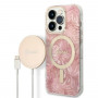 Guess GUBPP14LHJEACSP Maciņš + bezvadu lādētājs Apple iPhone 14 Pro, Jungle, rozā cietais maciņš, MagSafe