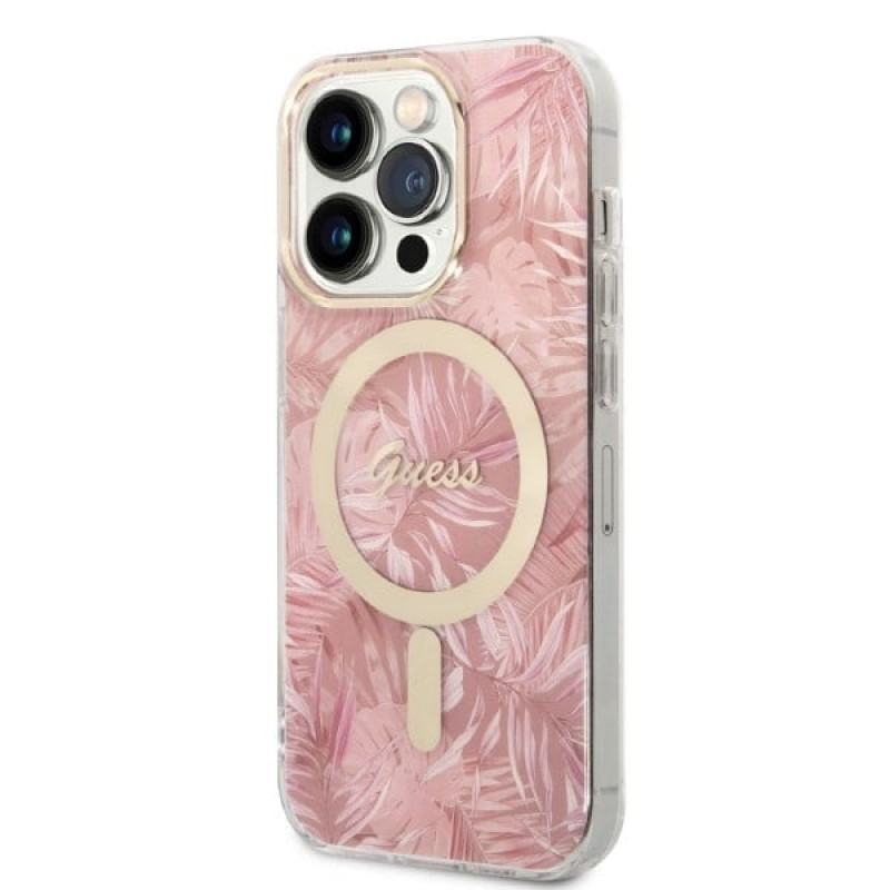 Guess GUBPP14LHJEACSP Maciņš + bezvadu lādētājs Apple iPhone 14 Pro, Jungle, rozā cietais maciņš, MagSafe