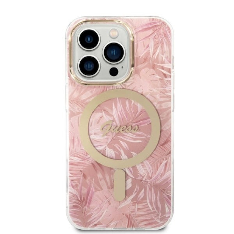 Guess GUBPP14LHJEACSP Maciņš + bezvadu lādētājs Apple iPhone 14 Pro, Jungle, rozā cietais maciņš, MagSafe