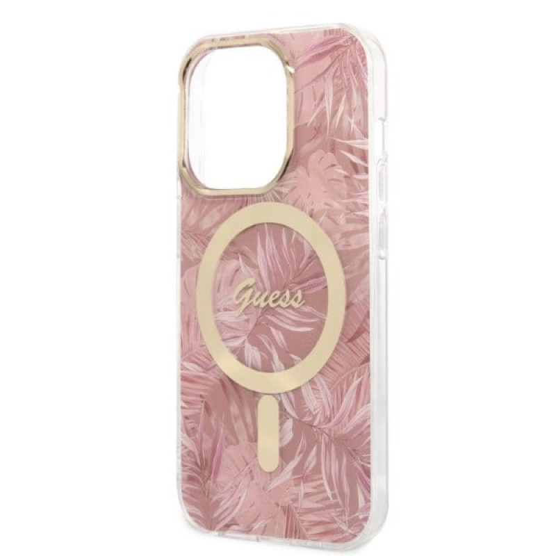 Guess GUBPP14LHJEACSP Maciņš + bezvadu lādētājs Apple iPhone 14 Pro, Jungle, rozā cietais maciņš, MagSafe