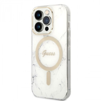 Guess GUBPP14LHMEACSH Apple iPhone 14 Pro vāciņš + bezvadu lādētājs, balts cietais vāciņš, Marble, MagSafe