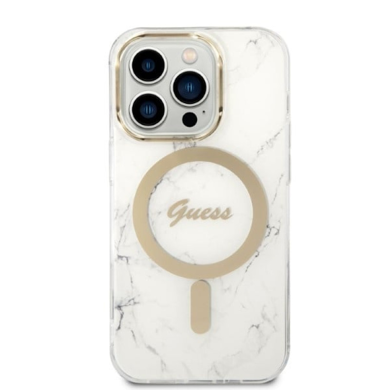 Guess GUBPP14LHMEACSH Apple iPhone 14 Pro vāciņš + bezvadu lādētājs, balts cietais vāciņš, Marble, MagSafe