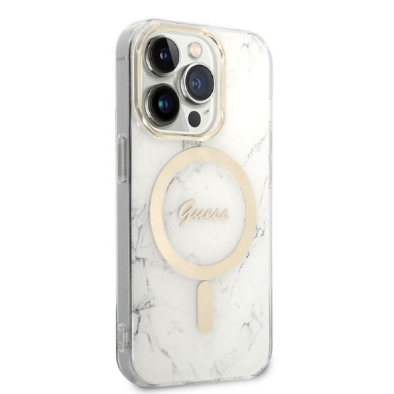 Guess GUBPP14LHMEACSH Apple iPhone 14 Pro vāciņš + bezvadu lādētājs, balts cietais vāciņš, Marble, MagSafe
