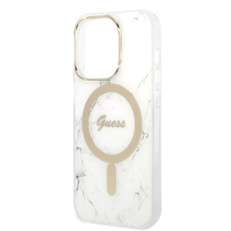 Guess GUBPP14LHMEACSH Apple iPhone 14 Pro vāciņš + bezvadu lādētājs, balts cietais vāciņš, Marble, MagSafe