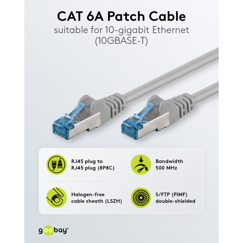 Goobay CAT 6A savienojuma kabelis S/FTP (PiMF), 5 m, pelēks, 10 gab. komplekts, vara vads (CU), bezhalogēna apvalks (LSZH)