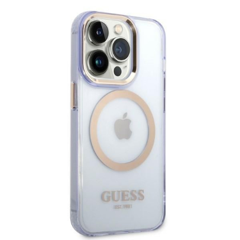 Guess GUHMP14XHTCMU Apple iPhone 14 Pro Max violets cietais futrālis, Gold Outline Translucent, MagSafe
