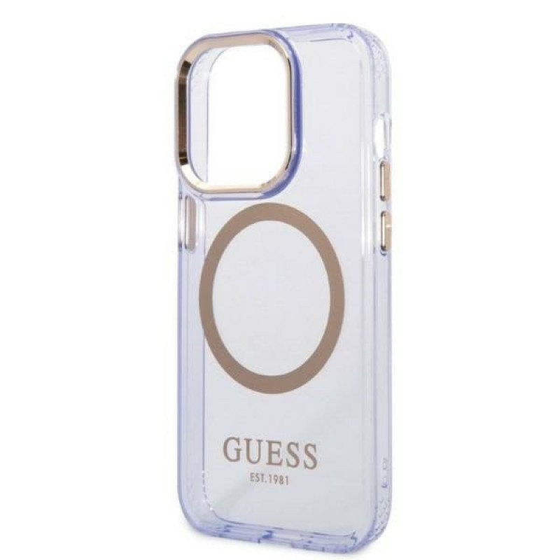 Guess GUHMP14XHTCMU Apple iPhone 14 Pro Max violets cietais futrālis, Gold Outline Translucent, MagSafe