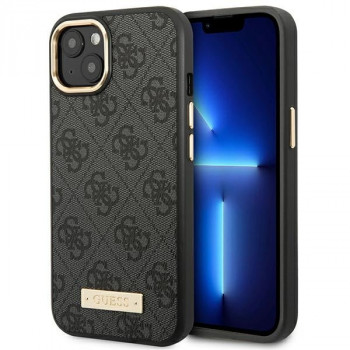 Guess GUHMP14MU4GPRK Apple iPhone 14 Plus / 15 Plus melns cietais maciņš, 4G Logo Plate, MagSafe