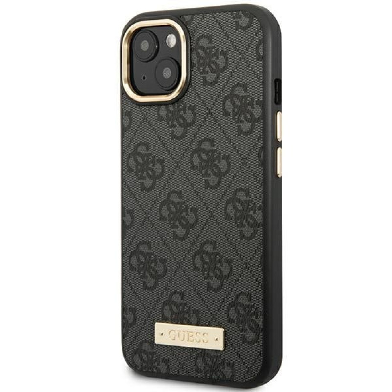 Guess GUHMP14MU4GPRK Apple iPhone 14 Plus / 15 Plus melns cietais maciņš, 4G Logo Plate, MagSafe