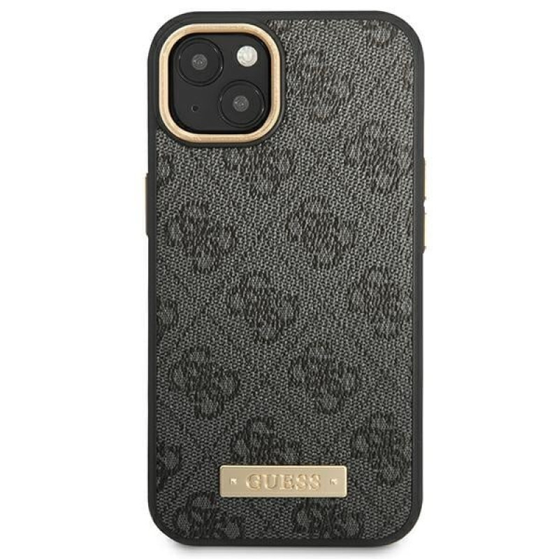 Guess GUHMP14MU4GPRK Apple iPhone 14 Plus / 15 Plus melns cietais maciņš, 4G Logo Plate, MagSafe