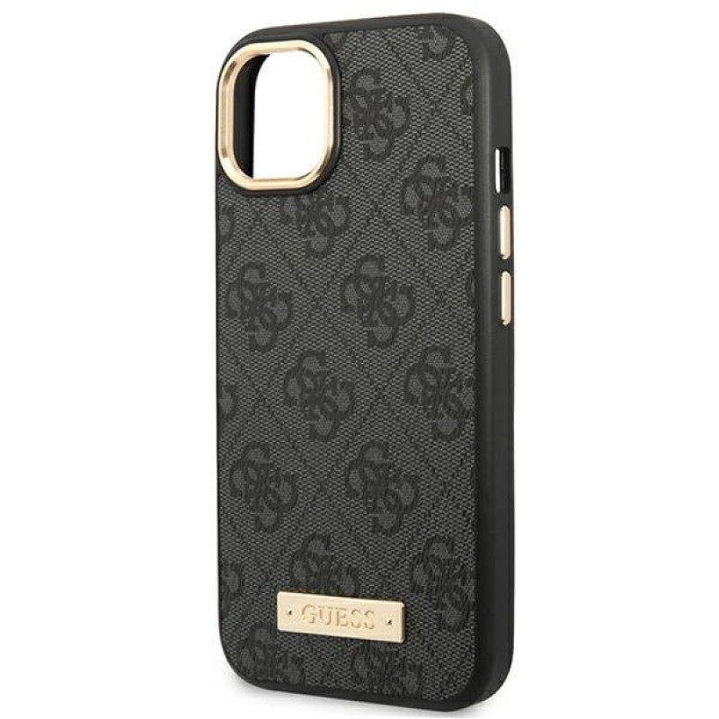 Guess GUHMP14MU4GPRK Apple iPhone 14 Plus / 15 Plus melns cietais maciņš, 4G Logo Plate, MagSafe