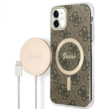 Guess GUBPN61H4EACSW maciņš + bezvadu lādētājs Apple iPhone 11, 4G Print, brūns cietais maciņš, MagSafe
