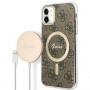 Guess GUBPN61H4EACSW maciņš + bezvadu lādētājs Apple iPhone 11, 4G Print, brūns cietais maciņš, MagSafe