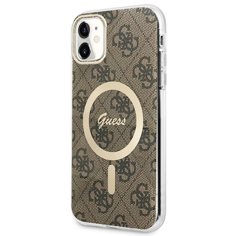 Guess GUBPN61H4EACSW maciņš + bezvadu lādētājs Apple iPhone 11, 4G Print, brūns cietais maciņš, MagSafe
