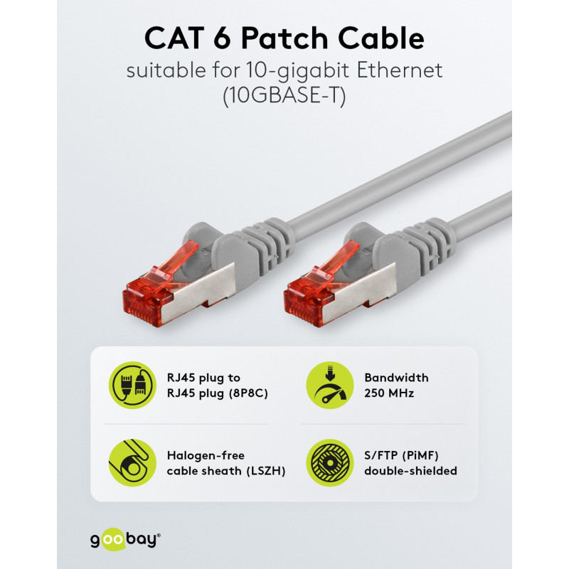 Goobay CAT 6 savienojuma kabelis S/FTP (PiMF), 5 m, pelēks, 10 gab. komplekts, vara vads (CU), bezhalogēna apvalks (LSZH)
