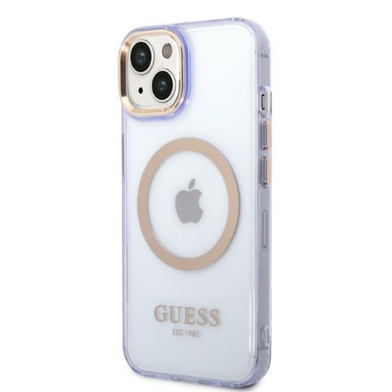 Guess GUHMP14SHTCMU Apple iPhone 14 purpura cietais futrālis, Gold Outline Translucent, MagSafe