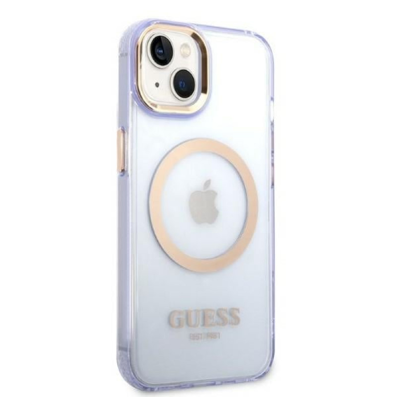 Guess GUHMP14SHTCMU Apple iPhone 14 purpura cietais futrālis, Gold Outline Translucent, MagSafe