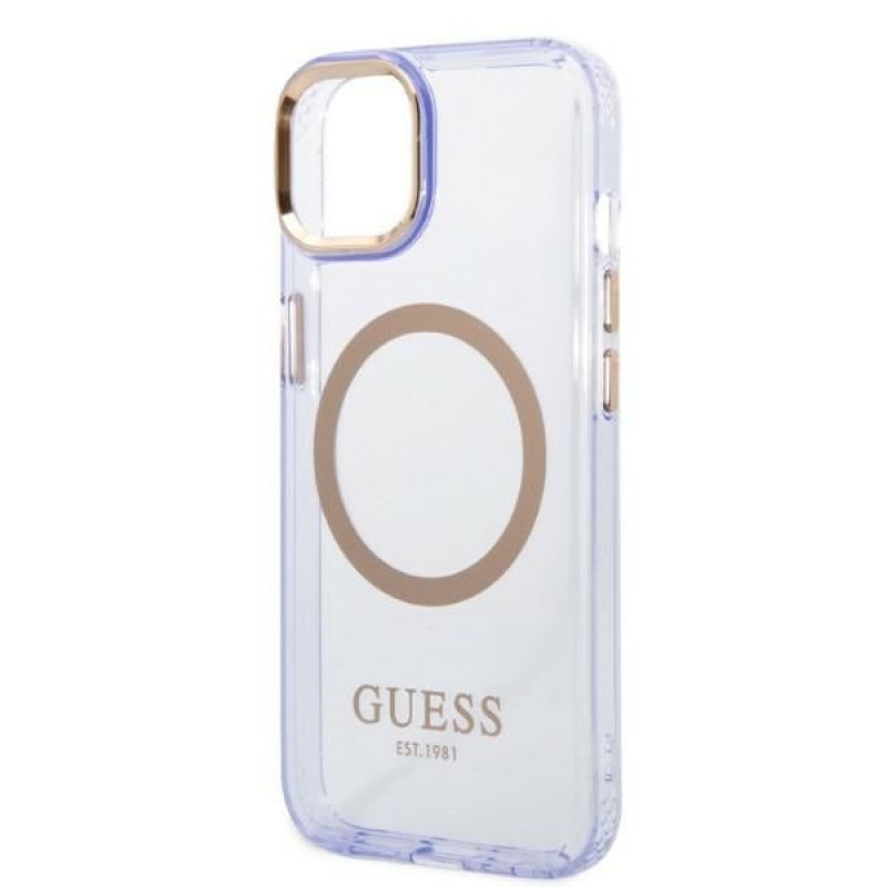 Guess GUHMP14SHTCMU Apple iPhone 14 purpura cietais futrālis, Gold Outline Translucent, MagSafe