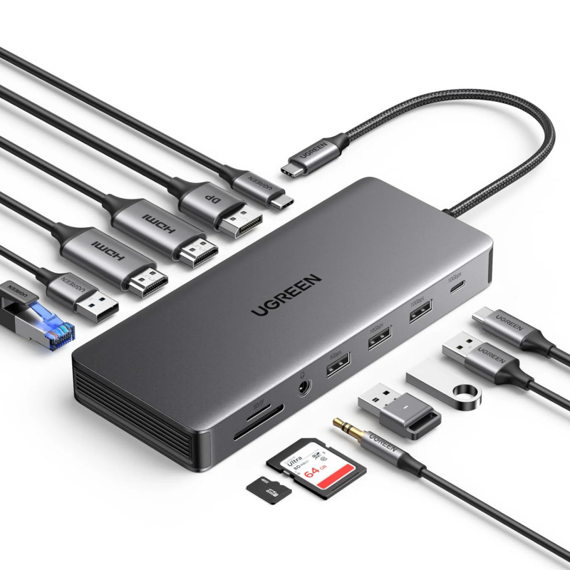 Ugreen Revodok Pro 313 USB-C klēpjdatora dokstacija (15978), UGR1851, 100 W, pelēka