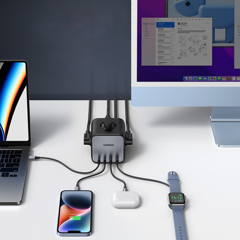 Ugreen CD268 kontaktligzdu bloks kubs 65W USB-A/USB-C + 3x AC, melns