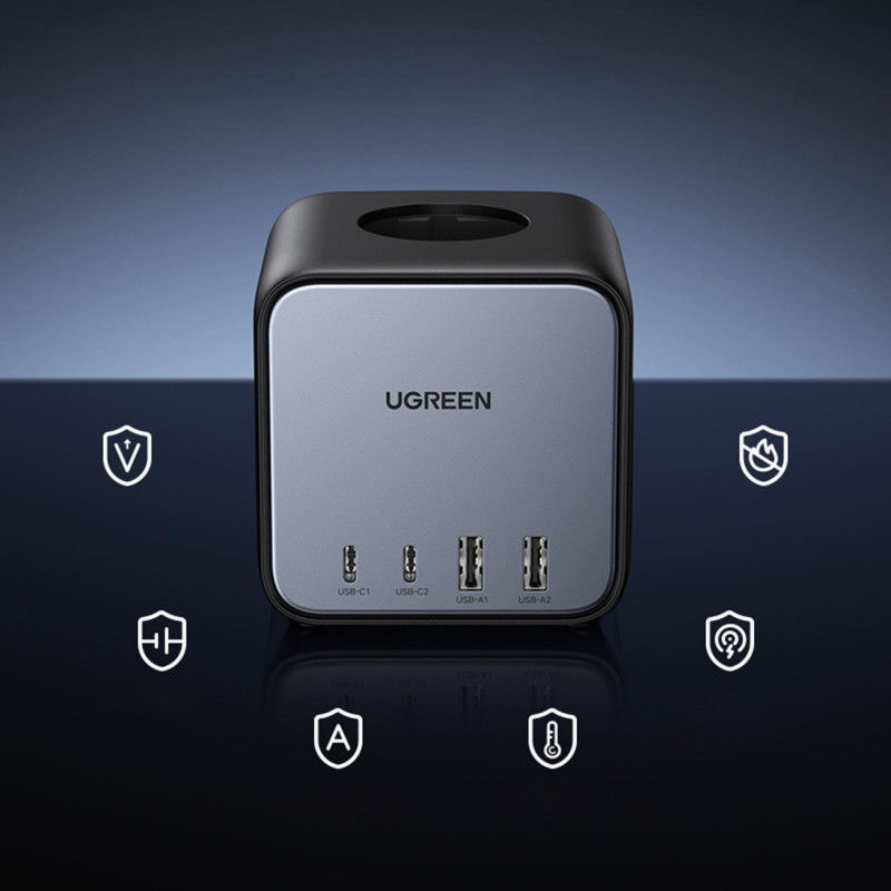 Ugreen CD268 kontaktligzdu bloks kubs 65W USB-A/USB-C + 3x AC, melns