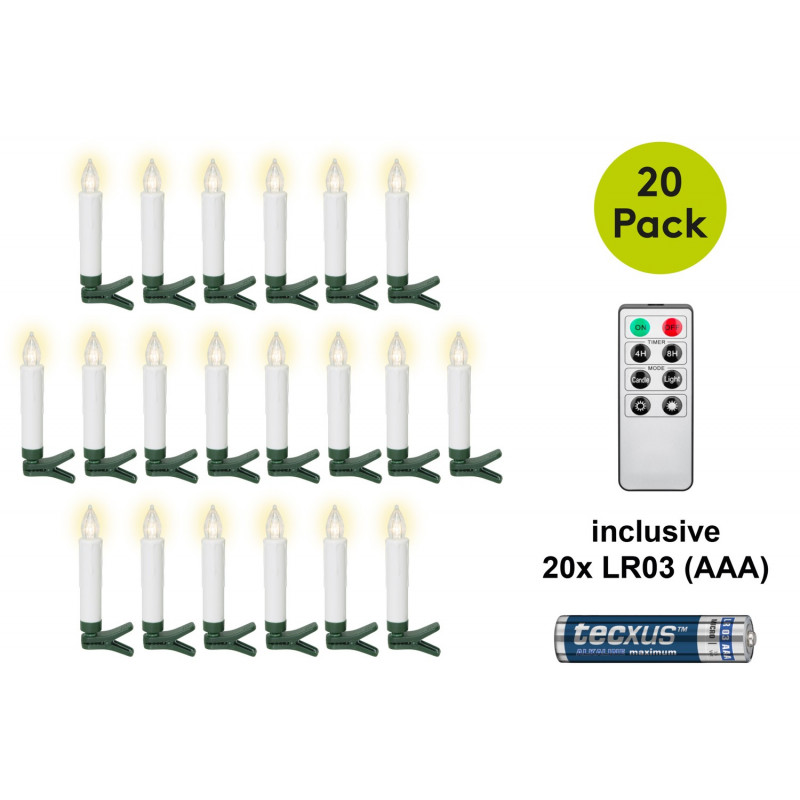Goobay 75258 bezvadu LED Ziemassvētku eglītes sveces (20 gab.), t.sk. 20x AAA (LR03), klipši, tālvadības pults, taimeris, regulējams spilgtums, silti balts (2600 K)
