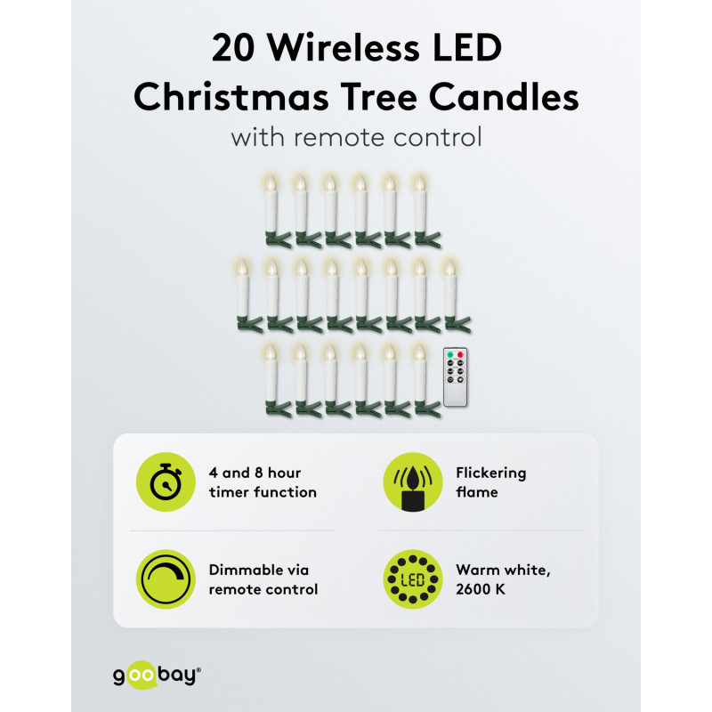 Goobay 75258 bezvadu LED Ziemassvētku eglītes sveces (20 gab.), t.sk. 20x AAA (LR03), klipši, tālvadības pults, taimeris, regulējams spilgtums, silti balts (2600 K)
