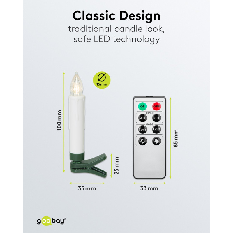 Goobay 75258 bezvadu LED Ziemassvētku eglītes sveces (20 gab.), t.sk. 20x AAA (LR03), klipši, tālvadības pults, taimeris, regulējams spilgtums, silti balts (2600 K)
