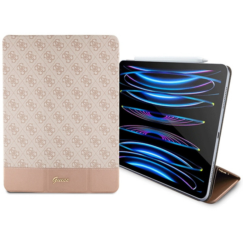 Guess GUFCP12PS4SGP Apple iPad Pro 12.9" (2020/2021/2022, 4th/5th/6th gen) grāmatveida futrālis, 4G Stripe Allover, rozā