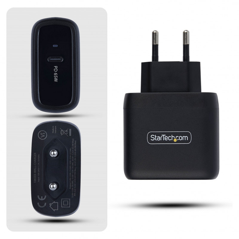 StarTech.com 1065EB-WALL-CHARGER 65 W USB-C GaN portatīvā datora sienas lādētājs, melns