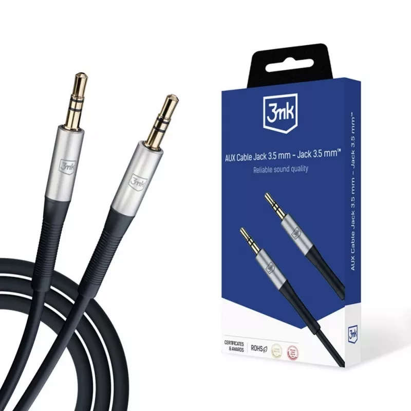 3MK AUX kabelis Jack 3.5 mm - Jack 3.5 mm, 1 m, Melns