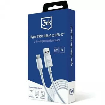 3MK Hyper Cable USB-A to USB-C 5A 60W 1.2m Balts