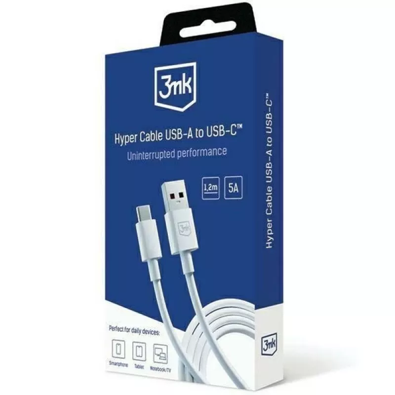 3MK Hyper Cable USB-A to USB-C 5A 60W 1.2m Balts