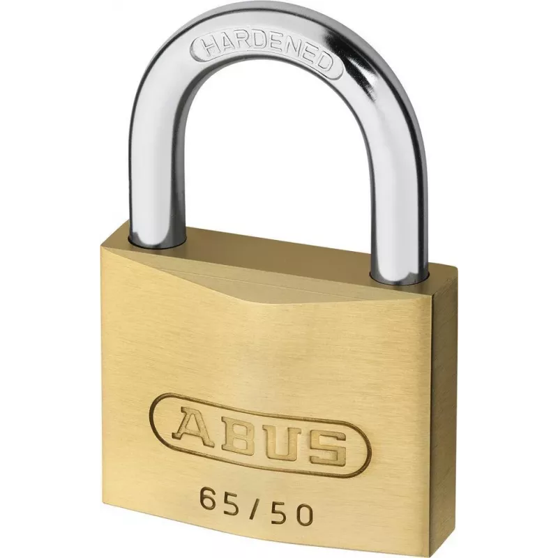 ABUS 65/50 KD piekaramā atslēga - masīva misiņa korpuss, rūdīta tērauda sprādze, atšķirīgas atslēgas