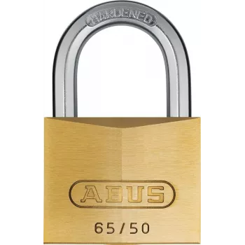 ABUS 65/50 KD piekaramā atslēga - masīva misiņa korpuss, rūdīta tērauda sprādze, atšķirīgas atslēgas