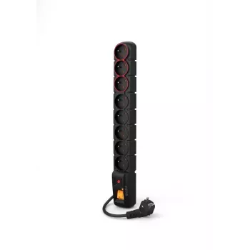 ACAR-S8-DUAL POWER STRIP 8-vietīgs pārsprieguma aizsardzības sadalītājs ar 2 izgaismotiem slēdžiem, 1.5m kabelis, Melns