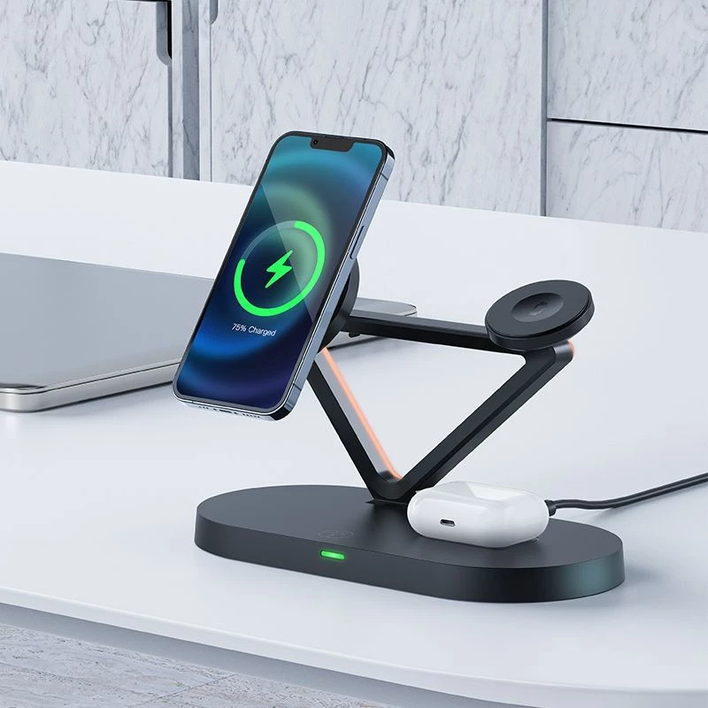 ACEFAST 15W Qi bezvadu lādētājs iPhone ar MagSafe, Apple Watch un Apple AirPods statīva turētājs magnētiskais turētājs melns