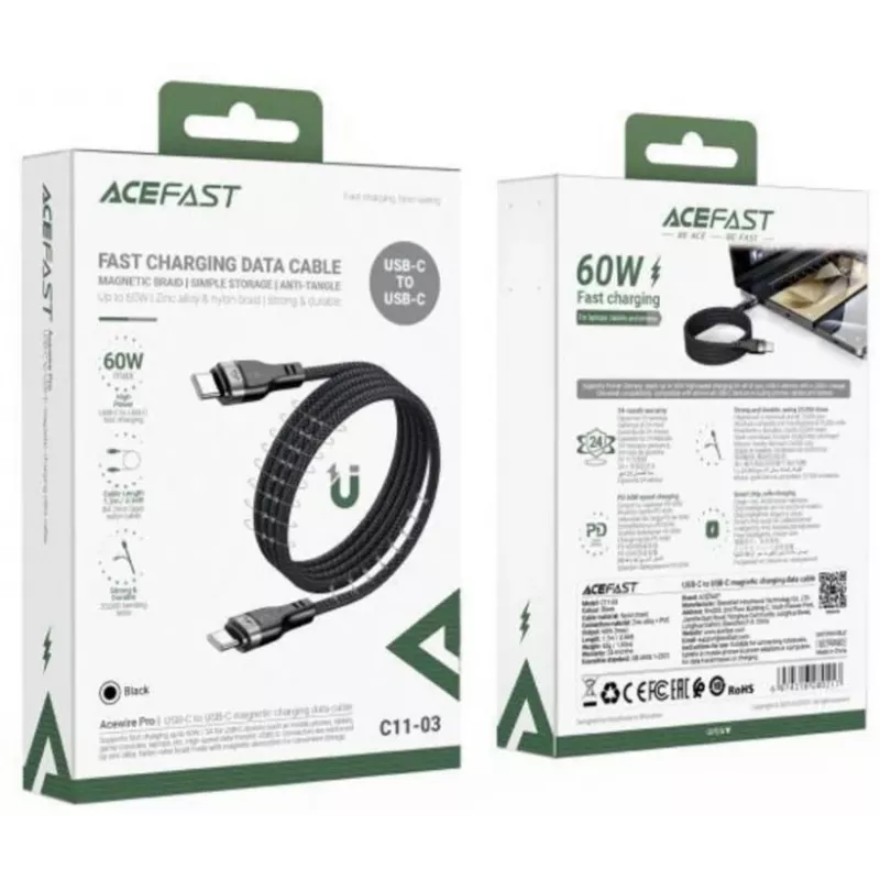 Acefast C11-03 3in1 USB-C to USB-C Cable 100W 480Mbps 1.2m Black