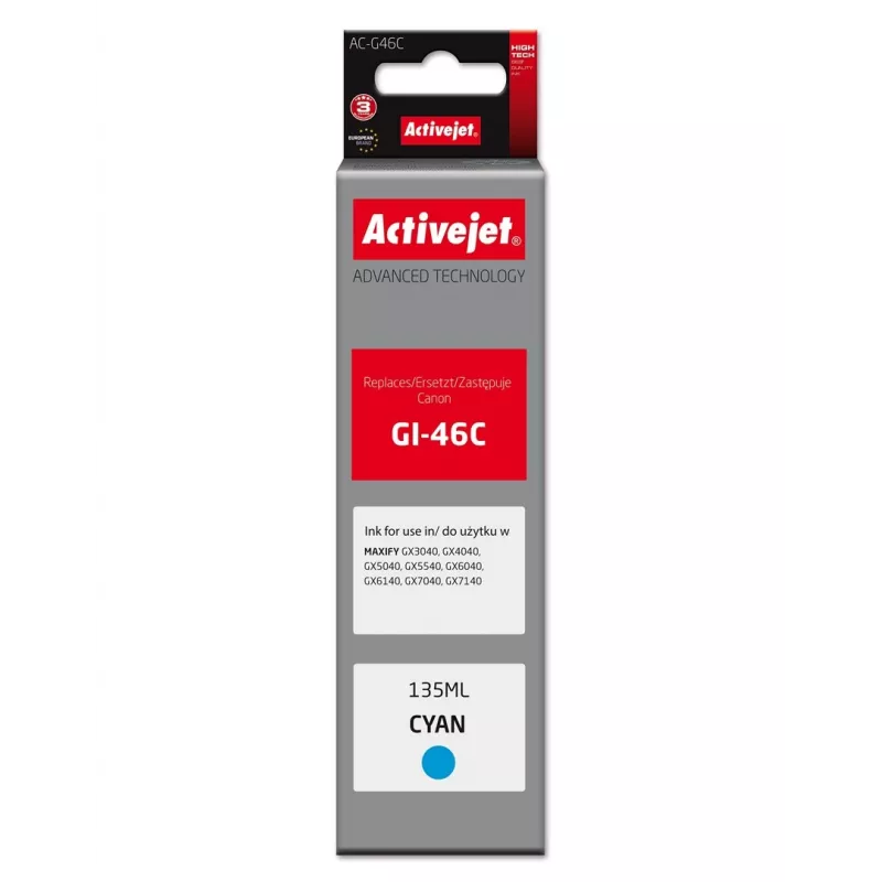 Activejet AC-G46C saderīga tintes kasetne Canon, ciāna, 135 ml, Supreme sērija, Canon GI-46C aizstājēja