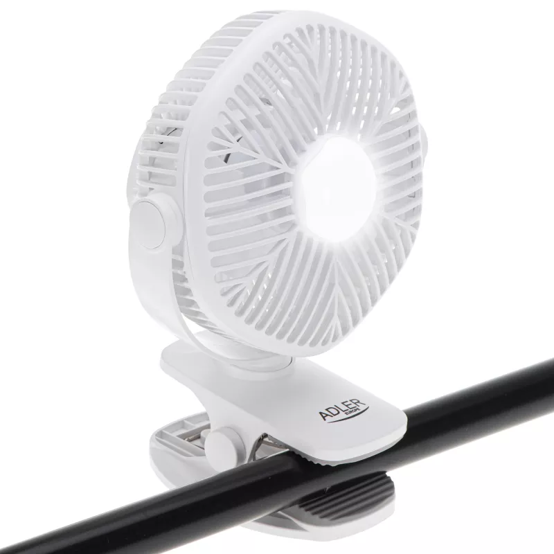 Adler AD 7335 uzlādējams skavas galda ventilators, 6W, 12,7 cm, 3 ātrumi, svārstības, balts