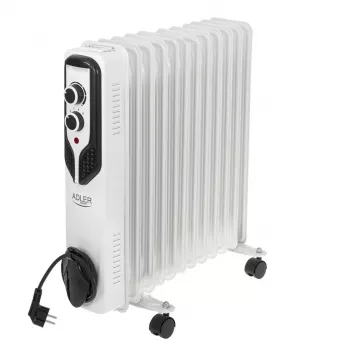 Adler AD 7817 eļļas radiators, 11 sekcijas, 2500W, 3 siltuma režīmi, regulējams termostats, aizsardzība pret pārkaršanu un apgāšanos, riteņi un rokturis, melns