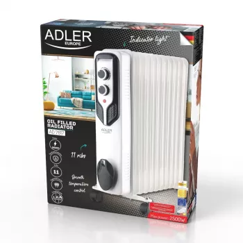 Adler AD 7817 eļļas radiators, 11 sekcijas, 2500W, 3 siltuma režīmi, regulējams termostats, aizsardzība pret pārkaršanu un apgāšanos, riteņi un rokturis, melns