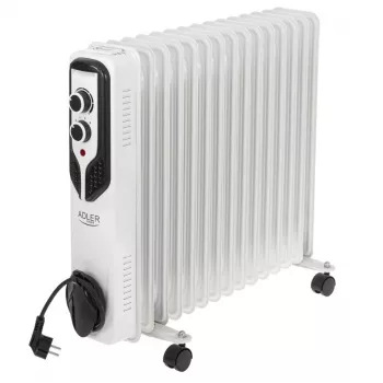 Adler AD 7819 eļļas radiators, 2000W, 9 sekcijas, 3 siltuma režīmi, regulējams termostats, aizsardzība pret pārkaršanu, iebūvēti riteņi, balts/pelēks