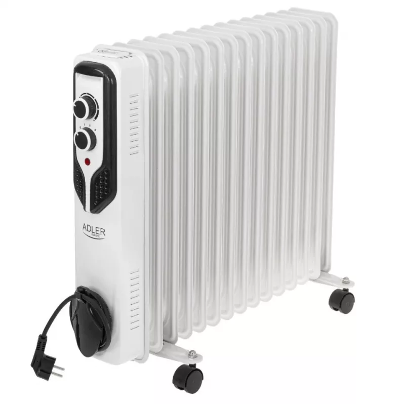Adler AD 7819 eļļas radiators, 2000W, 9 sekcijas, 3 siltuma režīmi, regulējams termostats, aizsardzība pret pārkaršanu, iebūvēti riteņi, balts/pelēks