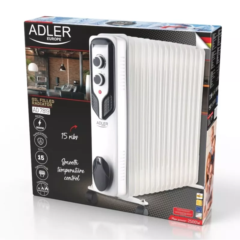 Adler AD 7819 eļļas radiators, 2000W, 9 sekcijas, 3 siltuma režīmi, regulējams termostats, aizsardzība pret pārkaršanu, iebūvēti riteņi, balts/pelēks