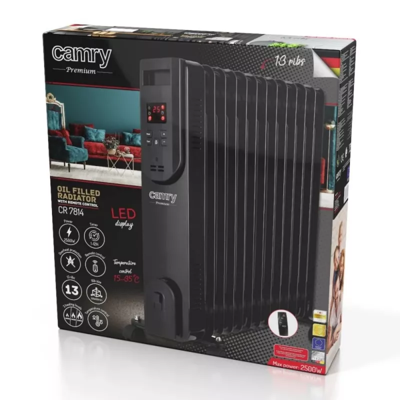 Adler Camry CR 7814 eļļas radiators ar tālvadības pulti, 2500 W, 3 jaudas līmeņi, 11 sekcijas, digitālais termostats, 24 stundu taimeris, LED displejs, aizsardzība pret pārkaršanu un apgāšanos, melns