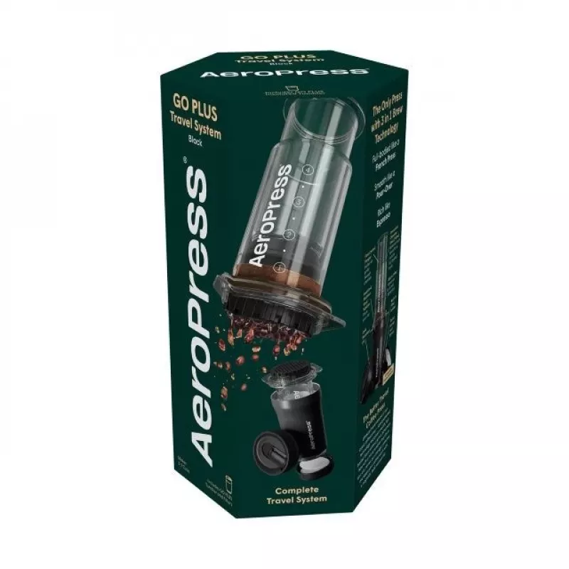 AeroPress Go Plus ceļojumu kafijas prese ar termokrūzi - melna