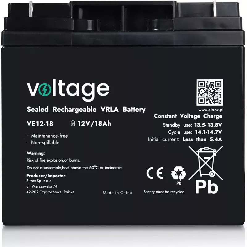 AGM akumulators 12V 18Ah VE12-18 (kalpošanas laiks 6-9 gadi)
